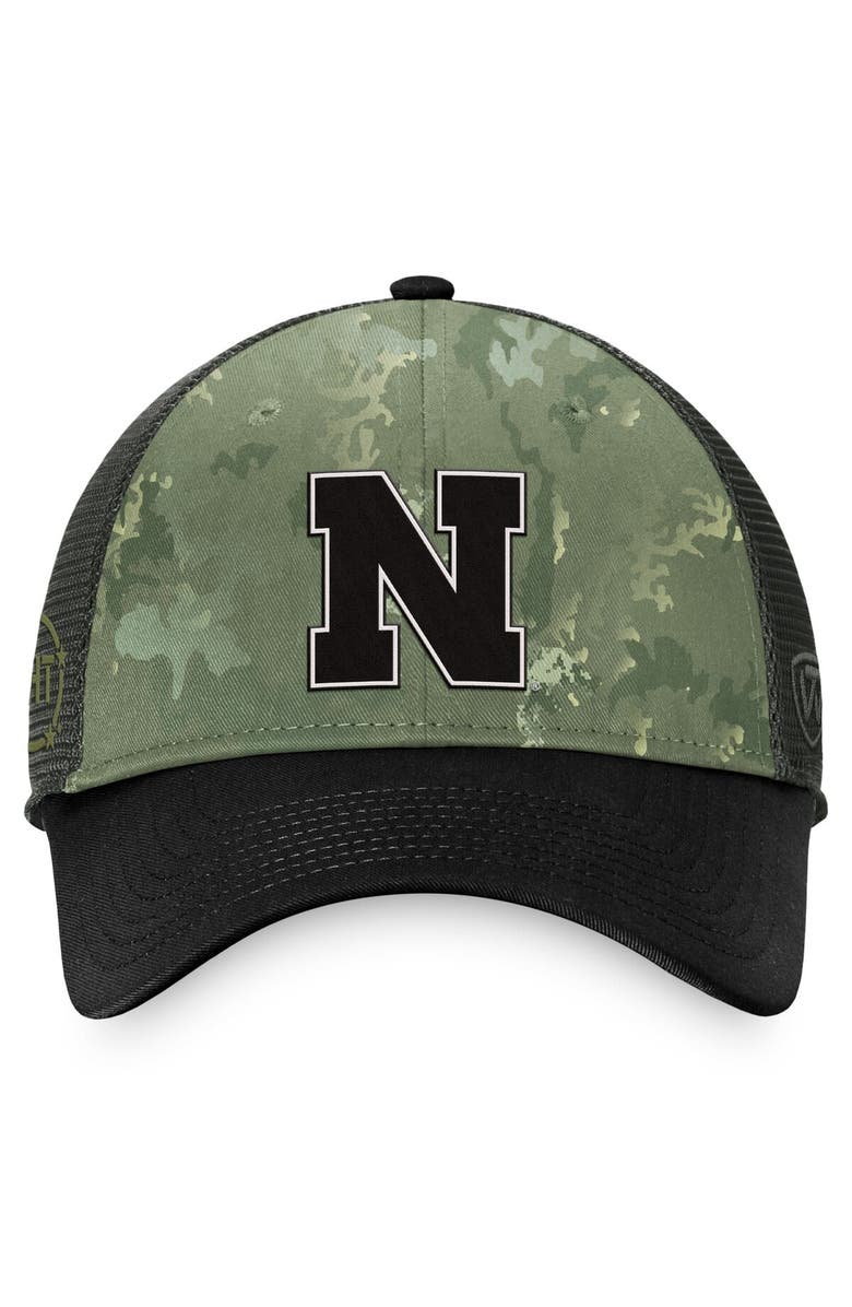 TOP OF THE WORLD Men's Top of the World Hunter Green/Gray Nebraska Huskers OHT Military Appreciation Unit Trucker Adjustable Hat, Alternate, color, 