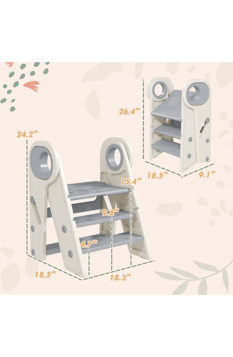 Qaba Foldable Kids Kitchen Stool Helper, 3-Step, Handles, Non-slip, Alternate, color, Gray