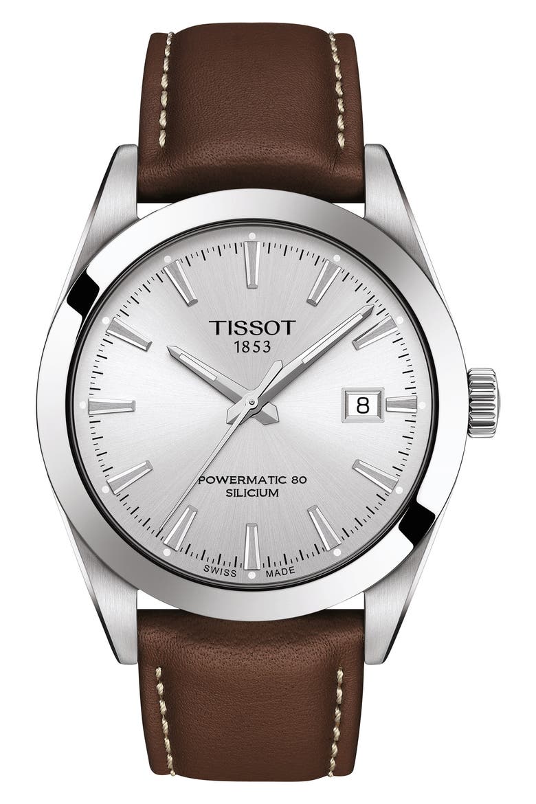 T-Classic Powermatic 80 Leather Strap Watch, 40mm, Main, color, BROWN/ SILVER