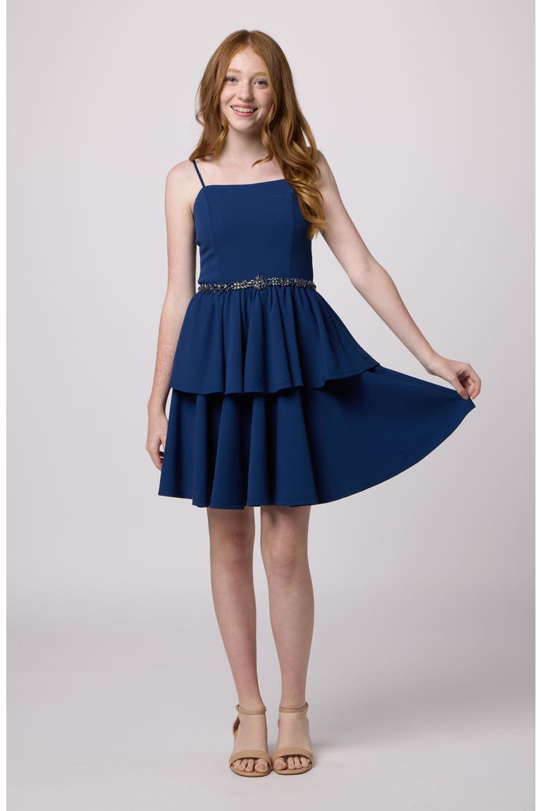 Tiered Dress with Rhinestone Belt, Main, color, NAVY