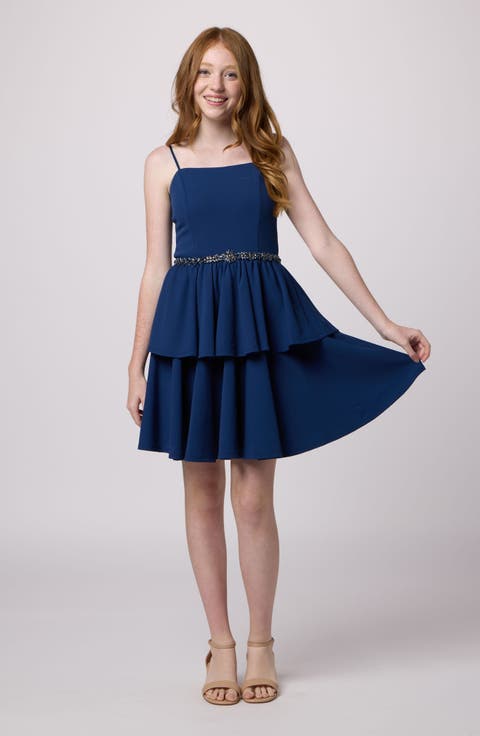 Tiered Dress with Rhinestone Belt