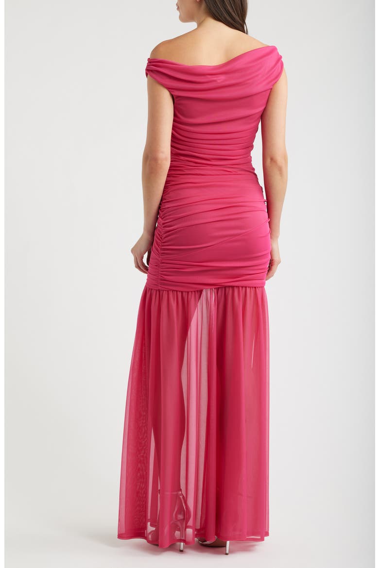 Amara Ruched Off the Shoulder Mesh Gown, Alternate, color, CERISE