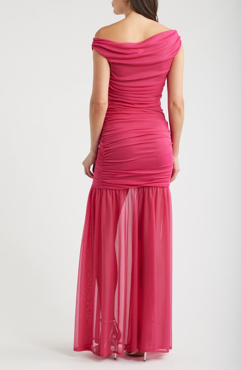 Black Halo Amara Ruched Off the Shoulder Mesh Gown, Alternate, color, Cerise