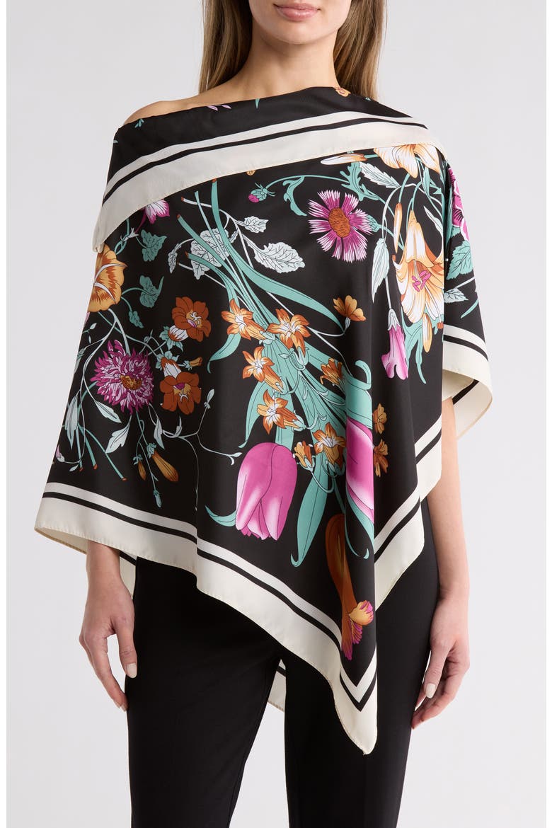 Floral Print Poncho, Main, color, BLACK