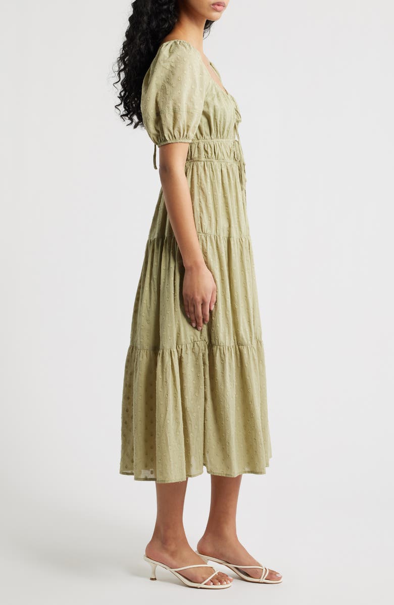 Blu Pepper Puff Sleeve Tiered Cotton Midi Dress, Alternate, color, Olive