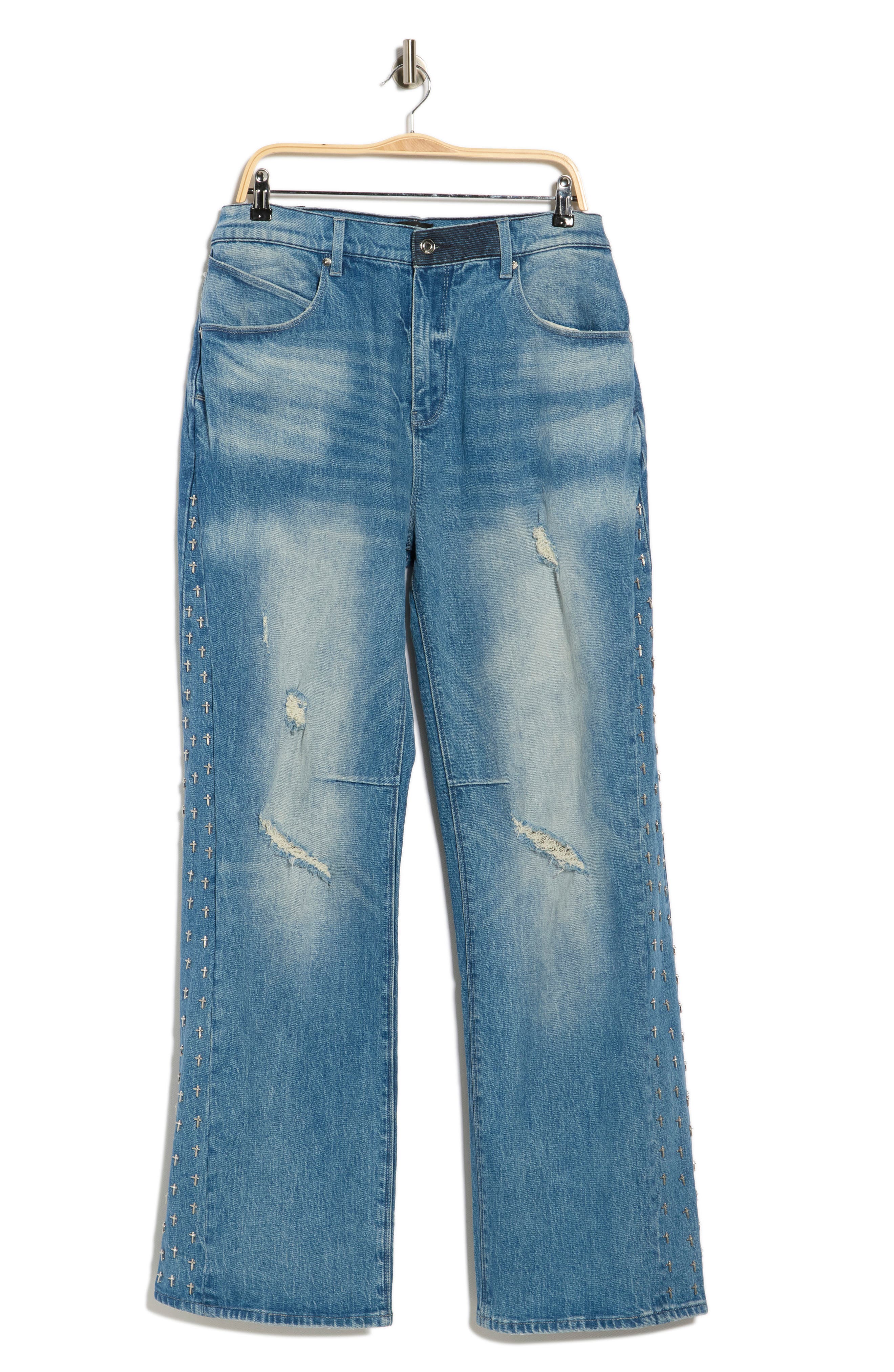RtA Zed Distressed Cross Panel Slim Jeans