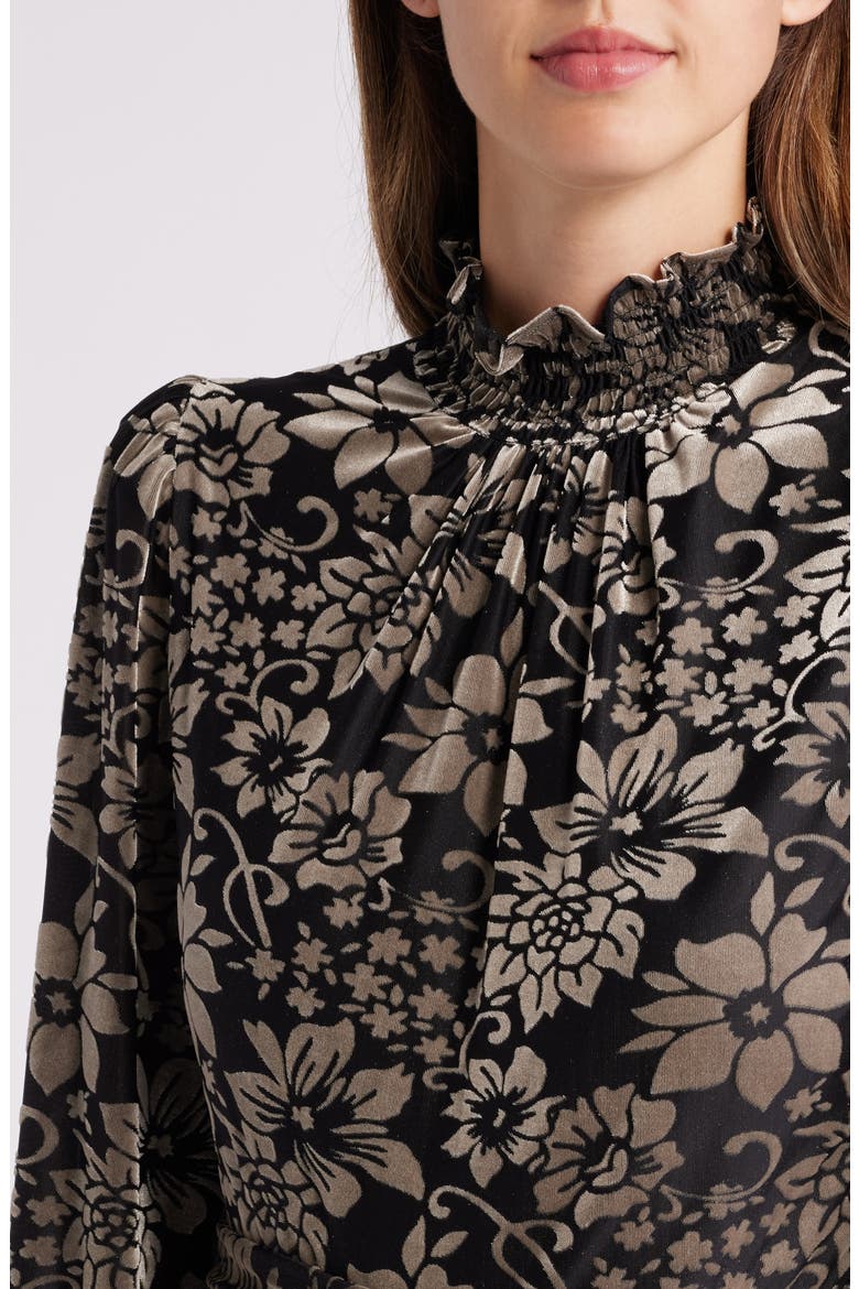 Floral Burnout Belted Long Sleeve Dress, Alternate, color, BLACK SILVER