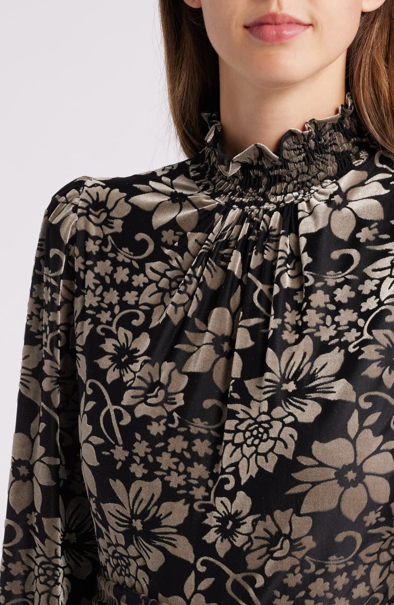 Eliza J Floral Burnout Belted Long Sleeve Dress, Alternate, color, Black Silver