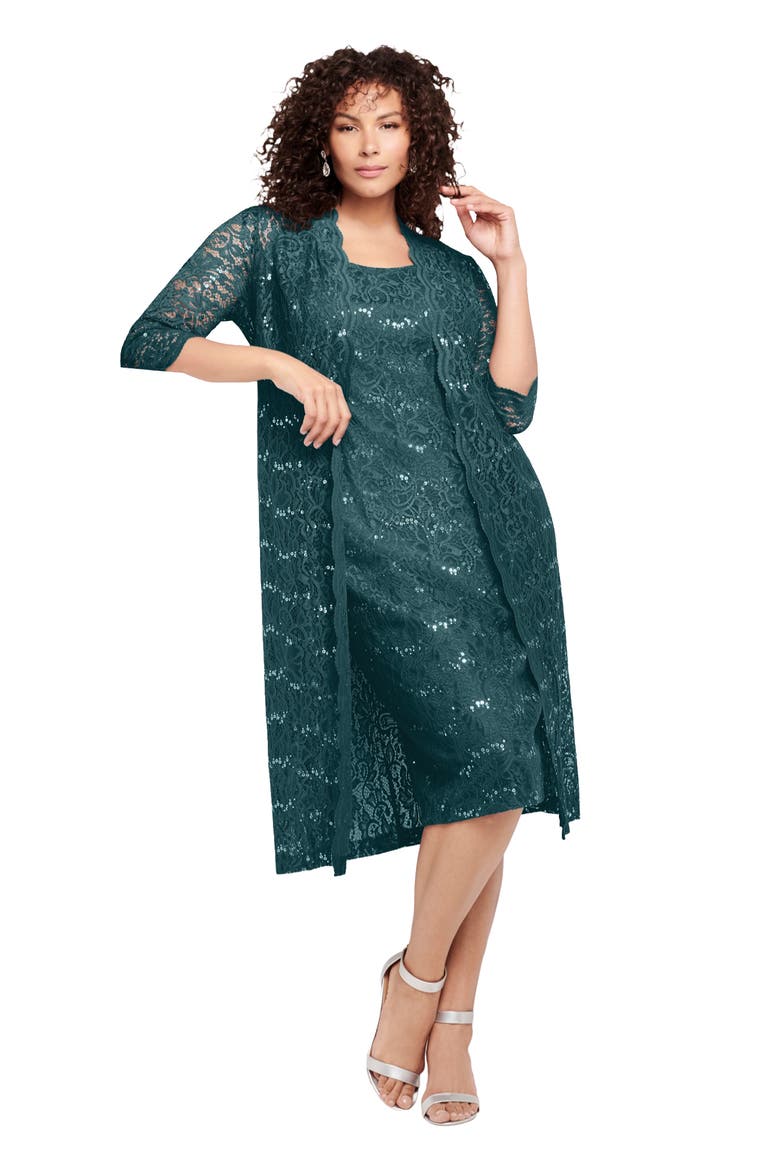 Plus Size 3/4 Sleeve Formal Duster Sequin Embellished Lace Dress Set, Main, color, MYSTIC PINE