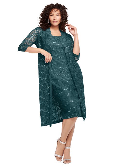 Plus Size 3/4 Sleeve Formal Duster Sequin Embellished Lace Dress Set (Plus)