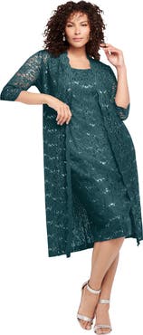 Roaman's Plus Size 3/4 Sleeve Formal Duster Sequin Embellished Lace Dress Set