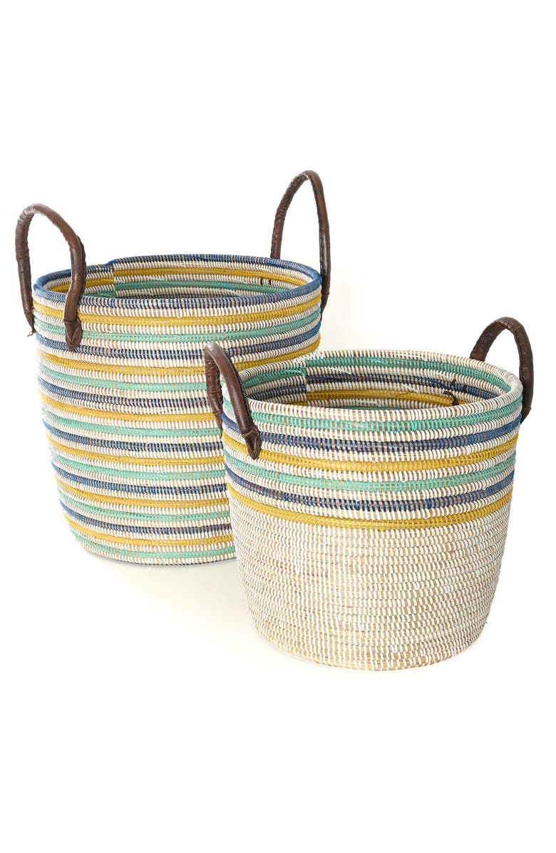 African Modern Set of Two Malika Beach Nesting Baskets with Leather Handles, Main, color, Natural