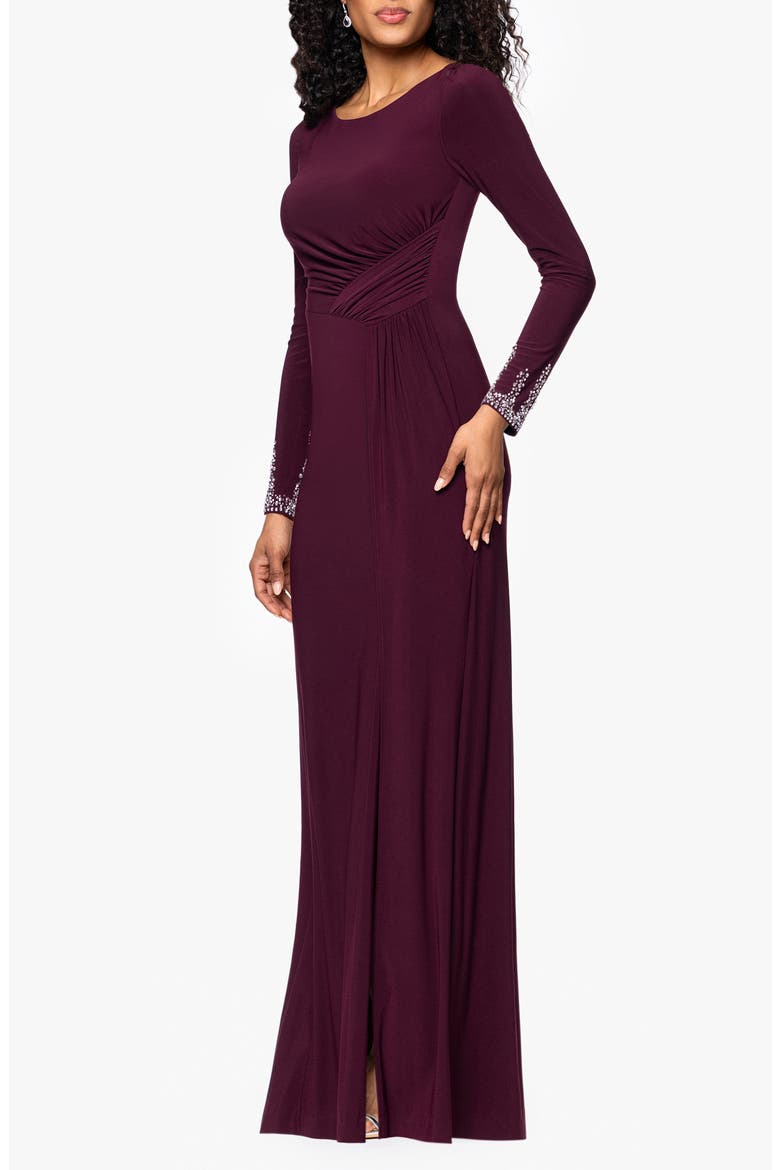 Embellished Cuff Ruched Long Sleeve Sheath Gown, Alternate, color, WINE