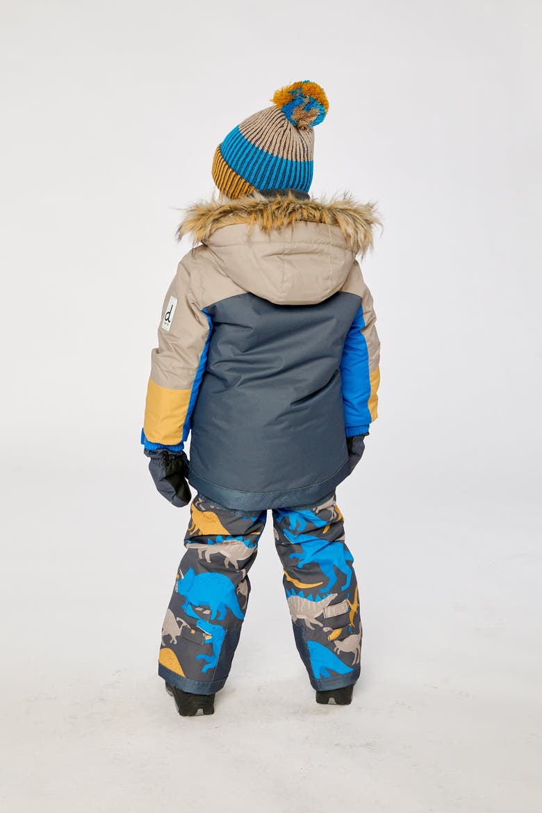 Play Faux Fur Hood Jacket & Dinosaur Pants Two Piece Snowsuit, Alternate, color, Grey and Blue Dinosaur Print