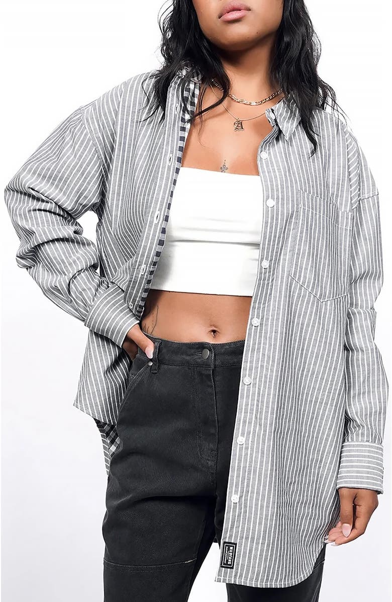 WILDFANG The Essential Long Sleeve Oversized Wrap Button Up, Main, color, Stripe Grey