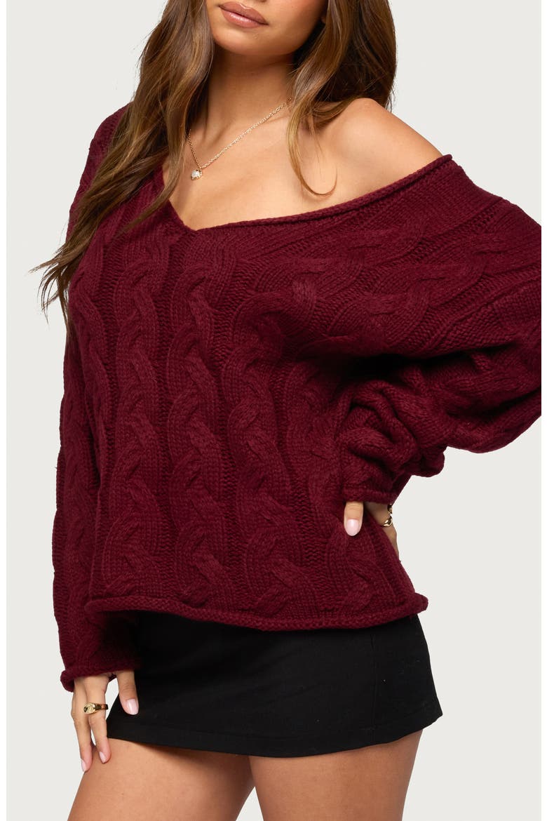 Inga Oversize V-Neck Cable Sweater, Alternate, color, BURGUNDY
