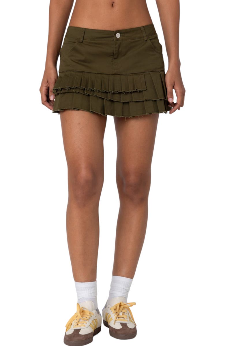 EDIKTED Pleated Cotton Miniskirt, Main, color, Olive