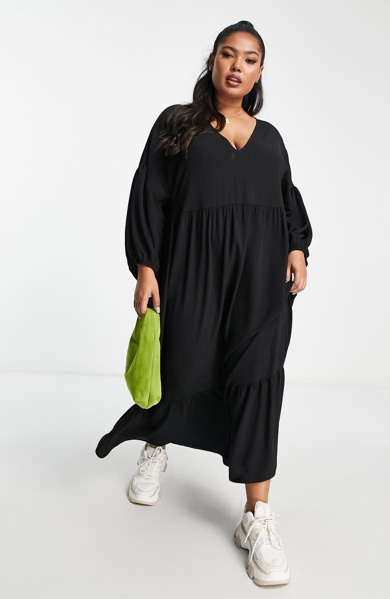 ASOS DESIGN Curve Tiered Long Sleeve Maxi Dress, Main, color,