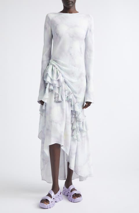 Athena Long Sleeve Ruffle Asymmetric Crepe Dress