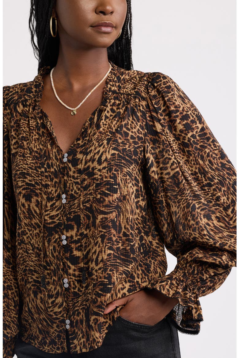 Floral Ruffled Button Front Shirt, Alternate, color, TAN- BLACK LEOPARD ABSTRACT