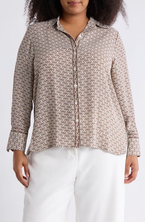 Circle Stripe Long Sleeve Button-Up Shirt (Plus)