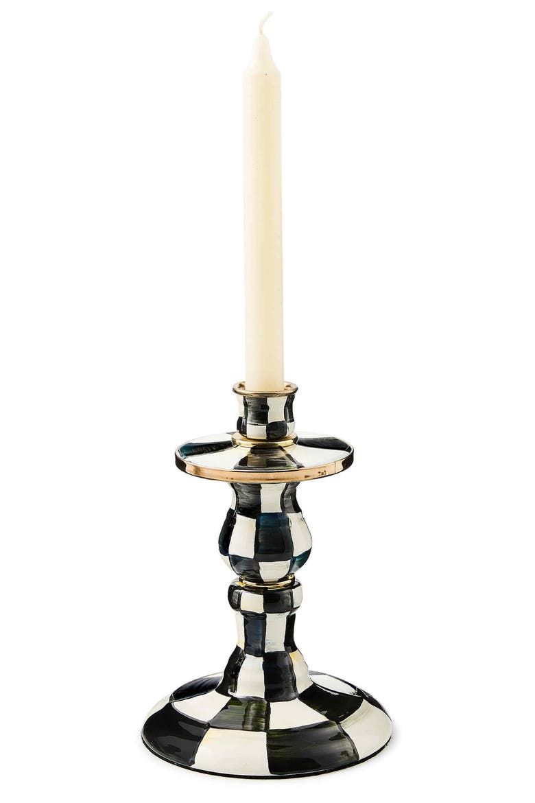 Courtly Check Short Enameled Steel Candleholder, Alternate, color, BLACK/ WHITE