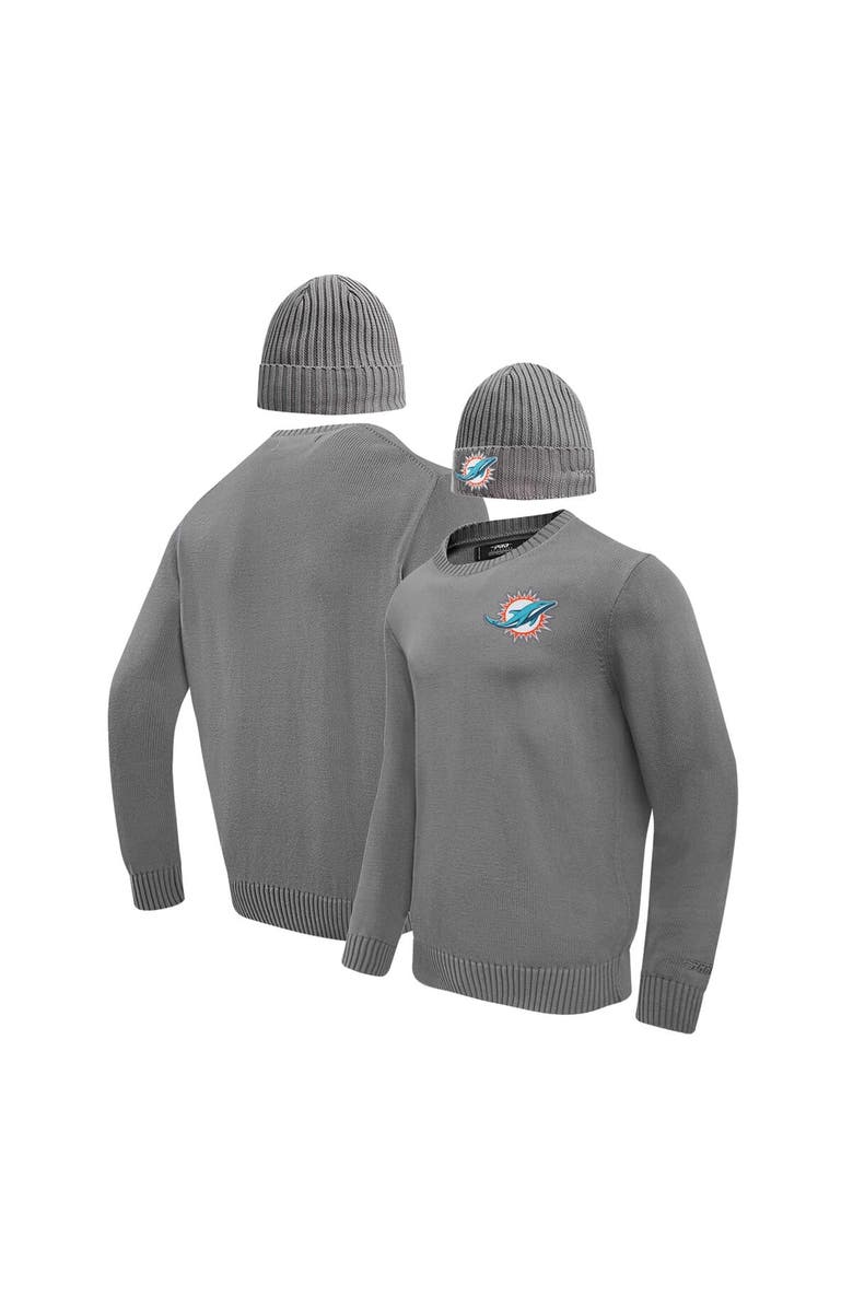 PRO STANDARD Men's Pro Standard Gray Miami Dolphins Crewneck Pullover Sweater & Cuffed Knit Hat Box Gift Set, Alternate, color, Gray