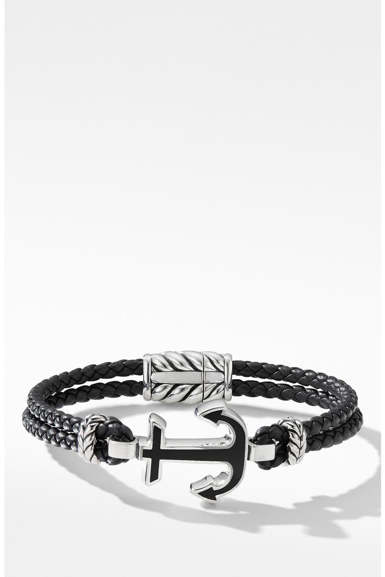 Maritime® Anchor Station Black Leather Bracelet with Black Onyx, Main, color, SILVER/ BLACK ONYX