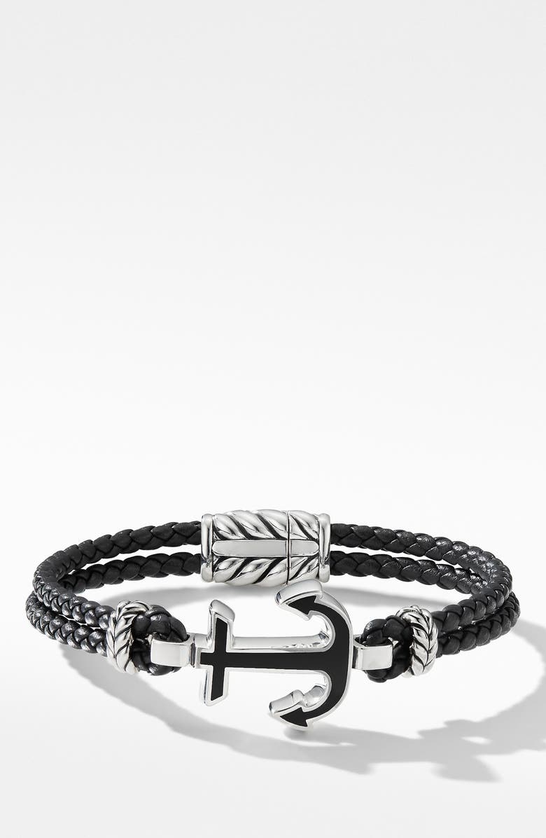 David Yurman Maritime<sup>®</sup> Anchor Station Black Leather Bracelet with Black Onyx, Main, color, 