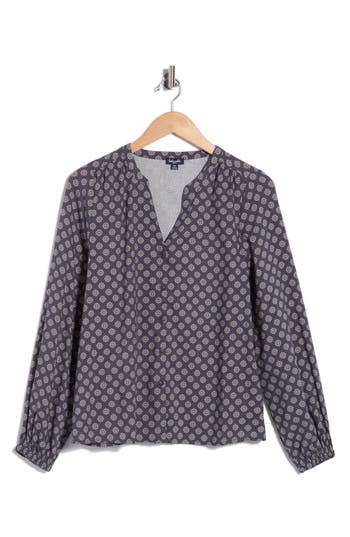 Splendid Long Sleeve Vera Blouse In Ice Navy Blue/ White