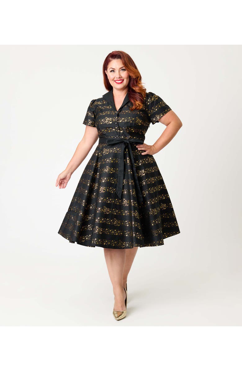 Unique Vintage Plus Size 1950s Collared Shirt Dress, Alternate, color, Black & Gold