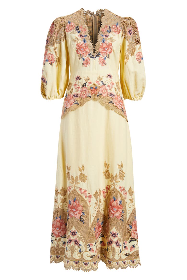 Embroidered Lace Linen Blend Midi Dress, Alternate, color, SAND