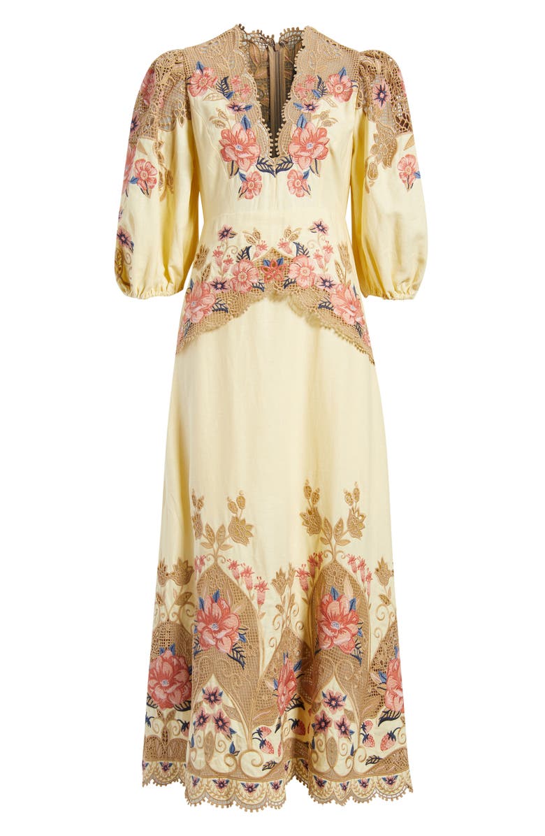 FARM Rio Embroidered Lace Linen Blend Midi Dress, Main, color, Sand