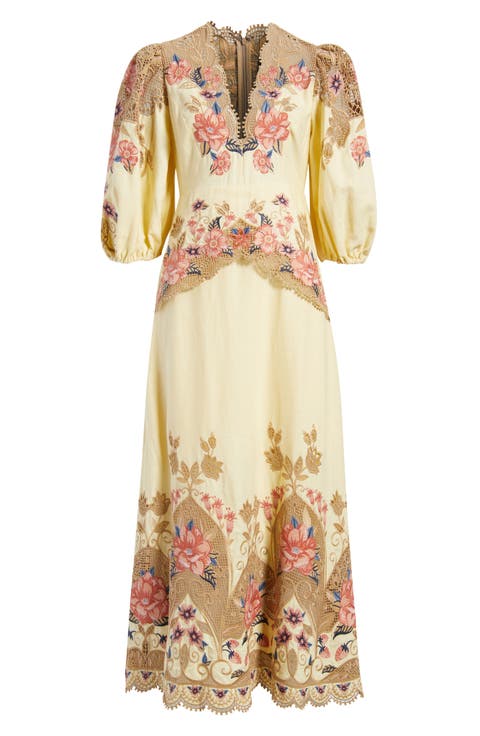 Embroidered Lace Linen Blend Midi Dress