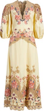 FARM Rio Embroidered Lace Linen Blend Midi Dress
