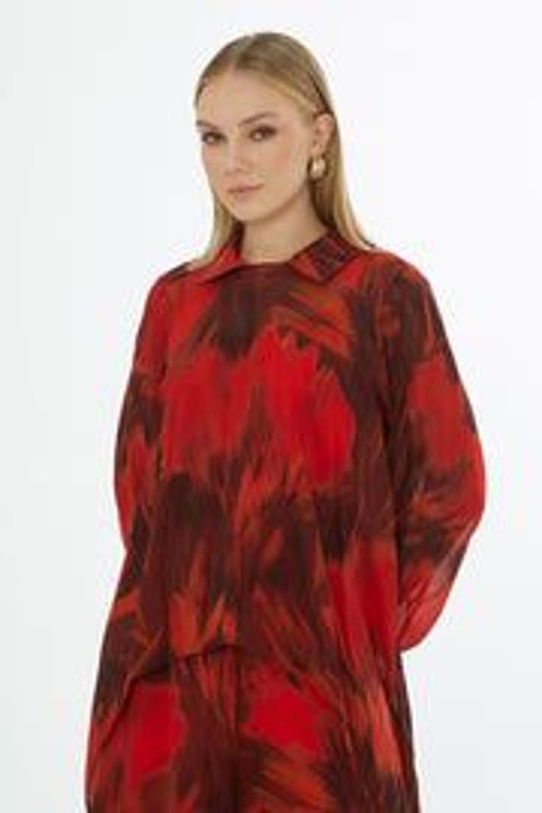 Collared Patterned Relaxed-Fit Blouse with Inner Camisole, Alternate, color, Red