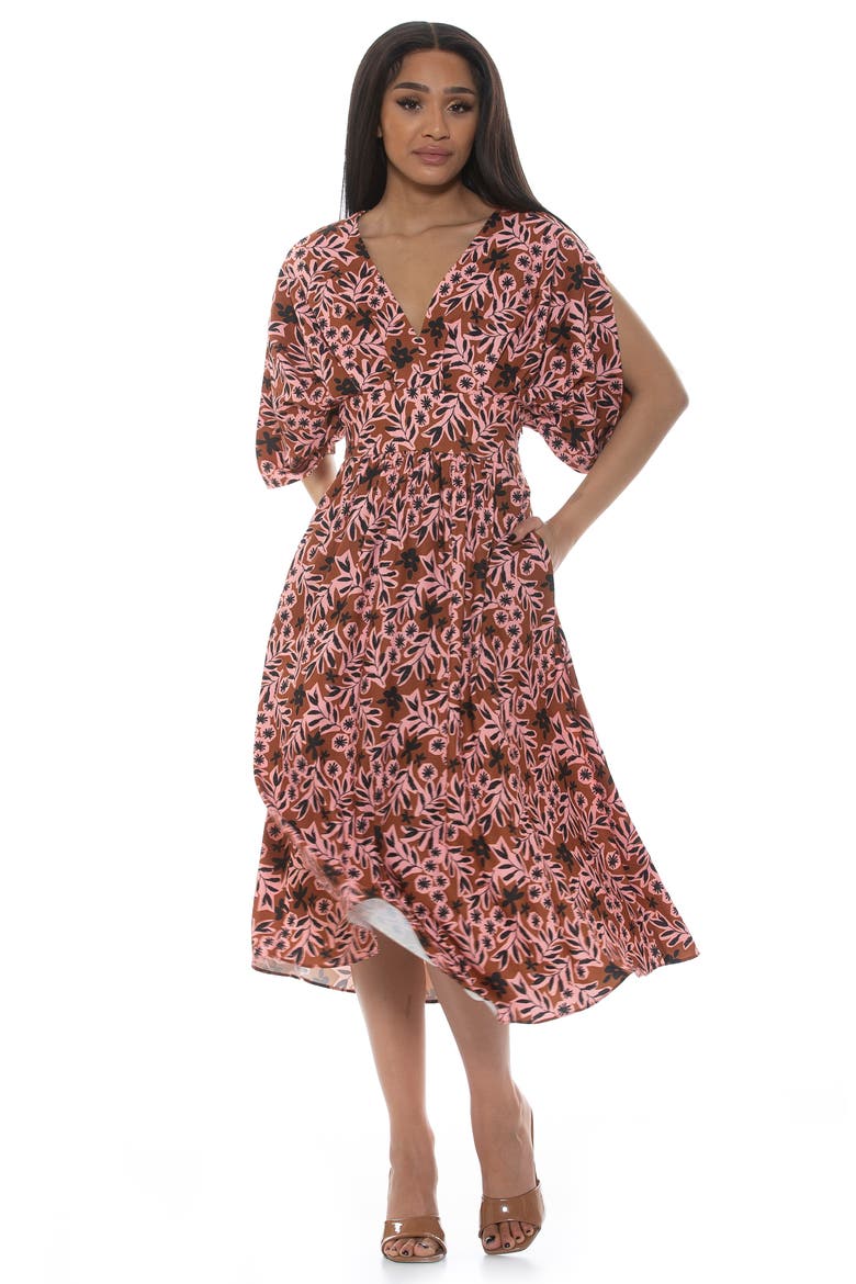 August Draped Sleeve Fit & Flare Midi Dress, Alternate, color, BROWN FLORAL