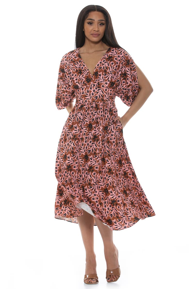 Alexia Admor August Draped Sleeve Fit & Flare Midi Dress, Alternate, color, Brown Floral
