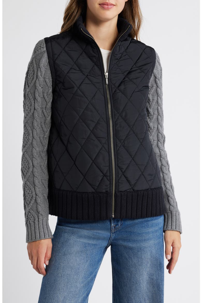 Mixed Media Quilted Sweater Jacket, Main, color, BLACK- GREY DARK HEATHER