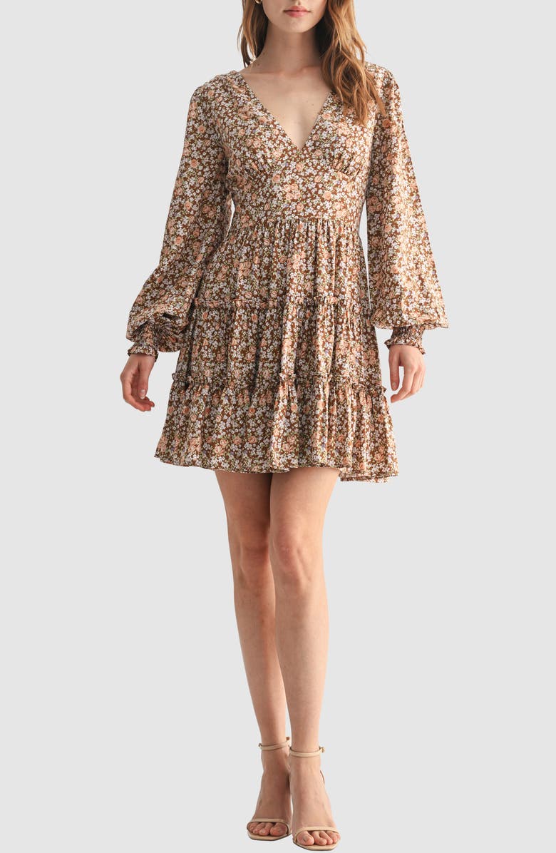 Lush Long Sleeve Ruffle Minidress, Main, color, Brown Floral