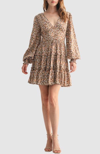 Lush Long Sleeve Ruffle Minidress In Brown