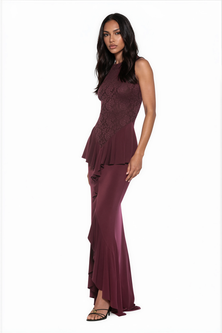 Perrin Boatneck Ruffle Gown, Alternate, color, Burgundy