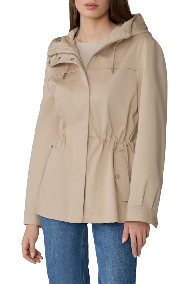 Avalynn Water Repellent Hooded Rain Coat, Main, color, ALMOND