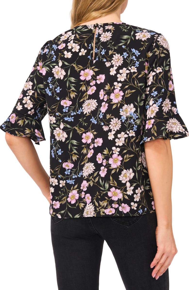 CeCe Floral Ruffle Cuff Top, Alternate, color, Rich Black