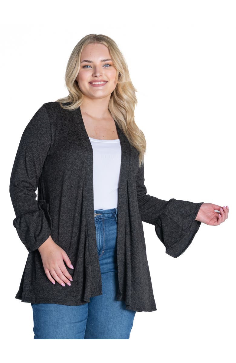 24seven Comfort Apparel Plus Size Knit Three Quarter Bell Sleeve Open Cardigan, Main, color, Black