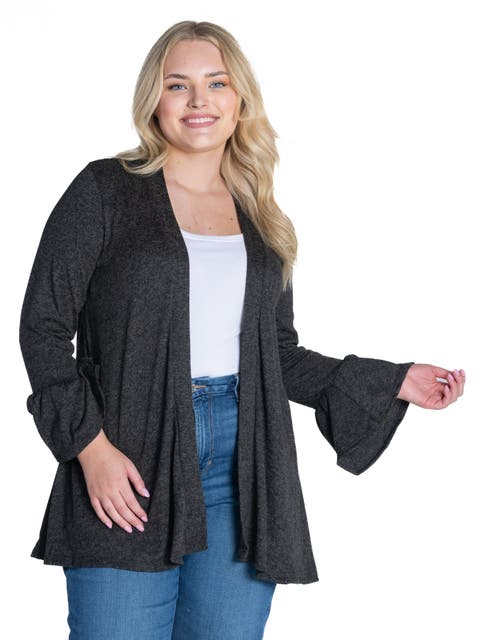 Plus Size Knit Three Quarter Bell Sleeve Open Cardigan