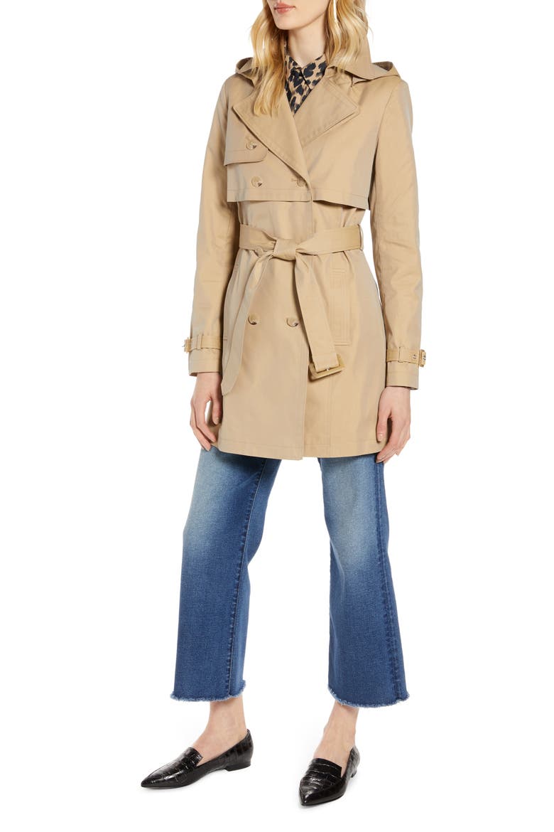 Double Breasted Trench Coat with Removable Hood, Alternate, color, KHAKI
