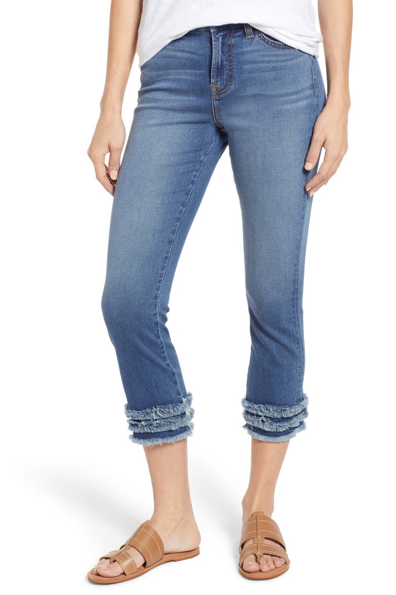 JEN7 Cropped Fringe Hem Jeans, Main, color, SUNSET