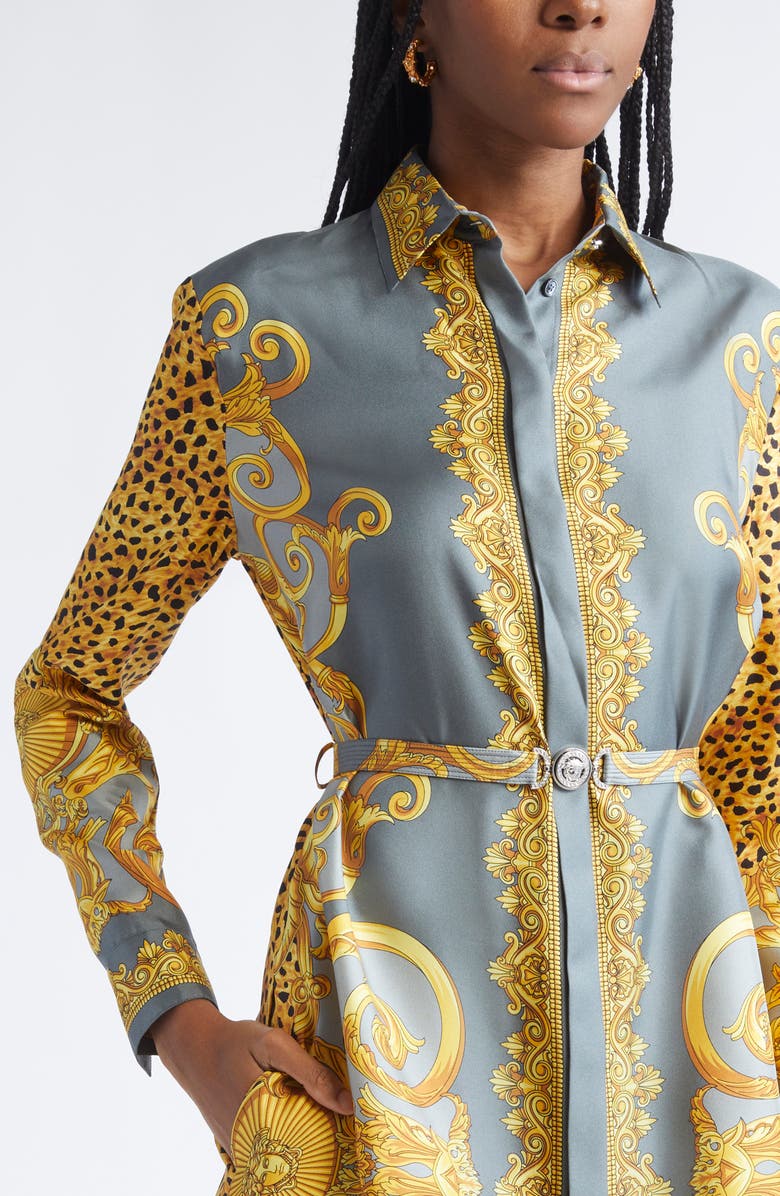 Versace Cheetah Barocco Print Long Sleeve Silk Belted Shirtdress, Alternate, color, Light Grey Elephant Grey