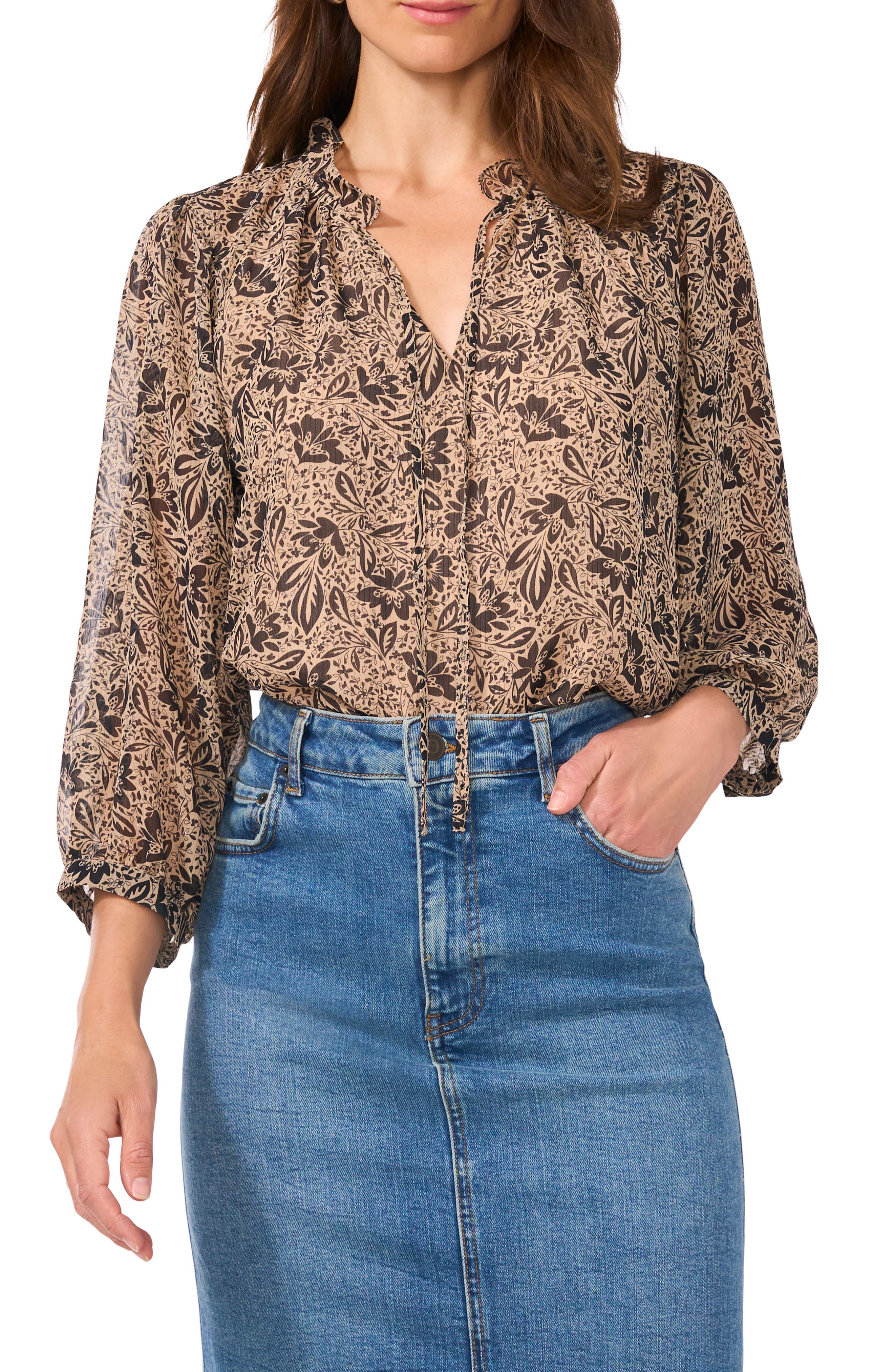 vince camuto long sleeve ruffle lurex top